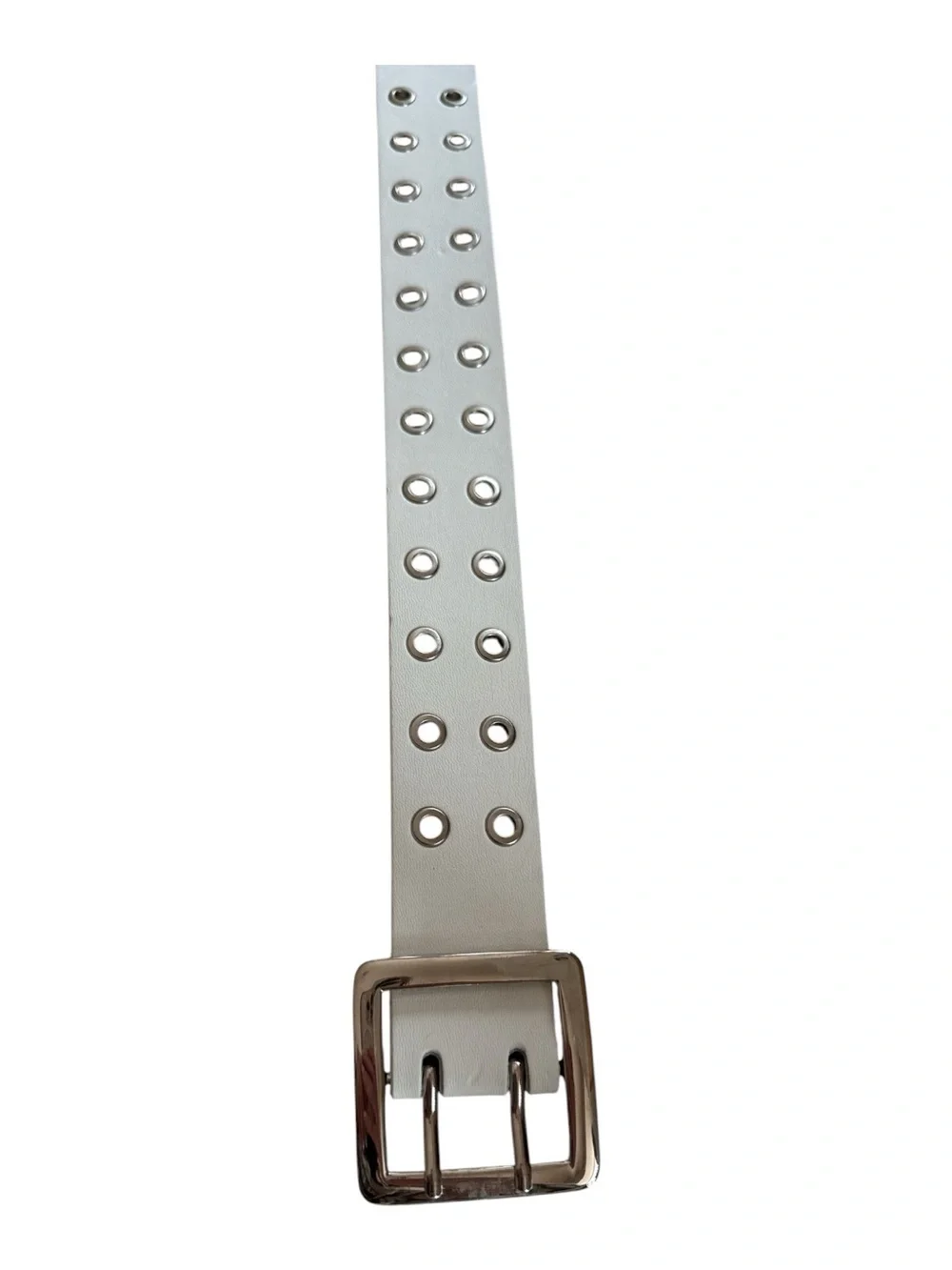 White Double Grommet Belt Silver Tone Buckle‎ Faux Leather Punk Y2K Waist Belt
